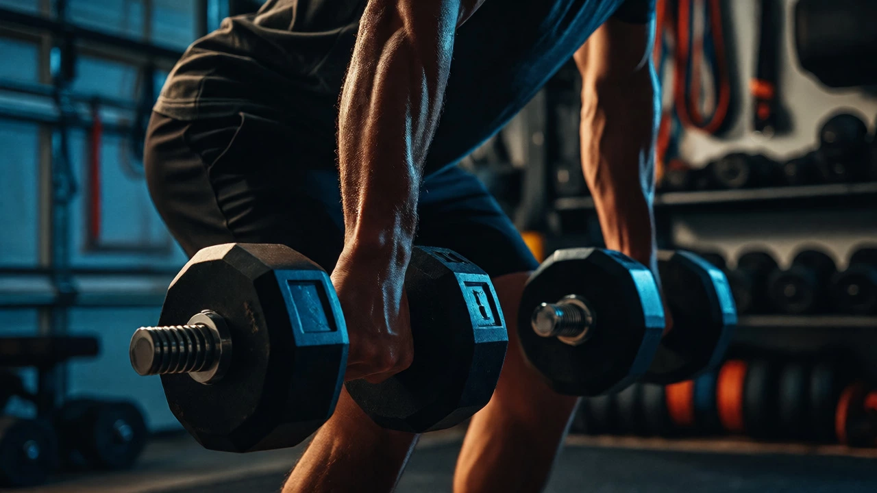 Athlete lifting dumbbells for deadlifts