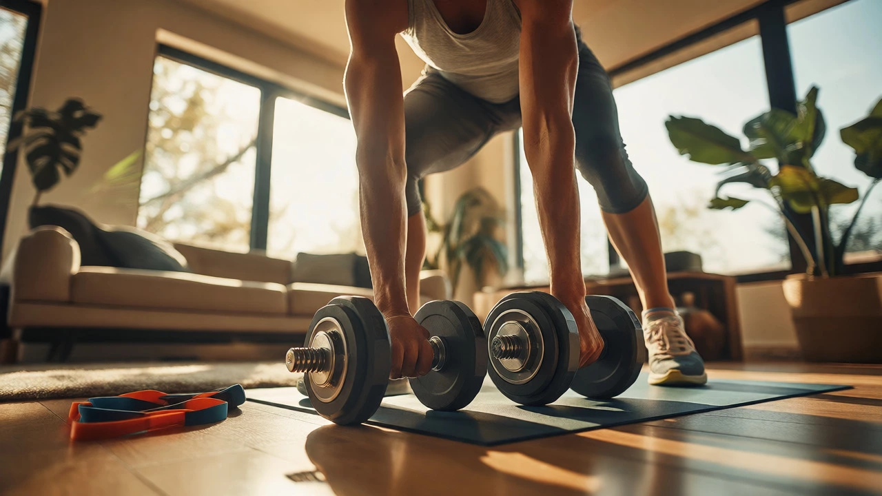 Athlete using adjustable dumbbells for home strength training workout