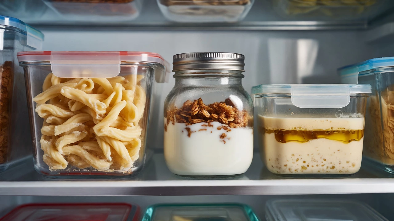 Clumpy pasta and separated yogurt in fridge containers