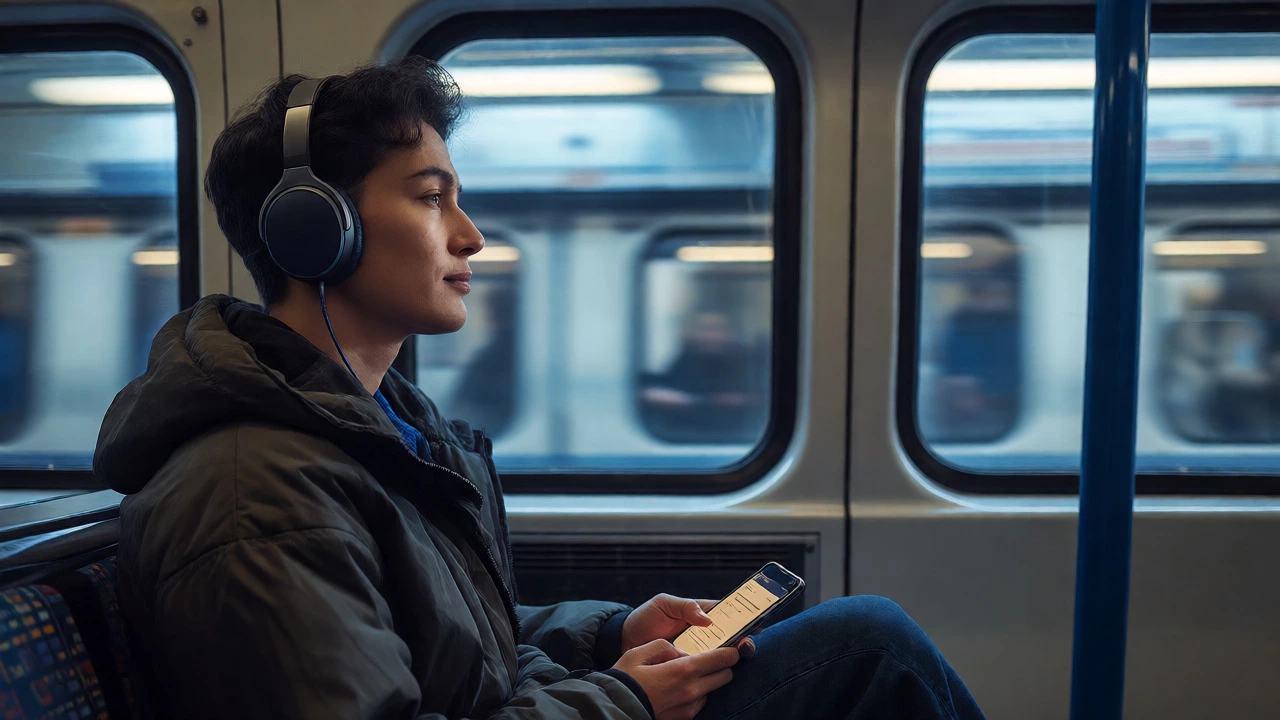 Commuter wearing headphones on public transport listening to an audiobook