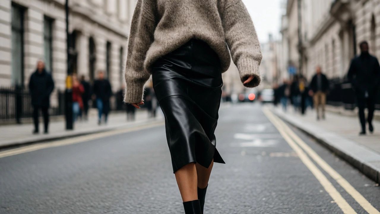 Confident walker in mixed-texture outfit on a city street, balancing volume and style.