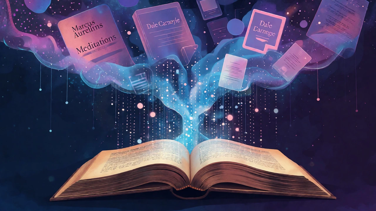Digital art showing a vintage book transforming into floating digital classics