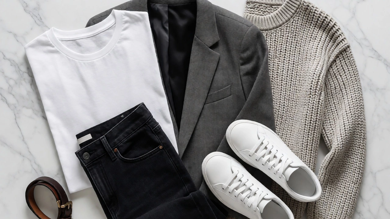 Flat-lay of capsule wardrobe essentials including jeans, blazer, and sweater on marble.