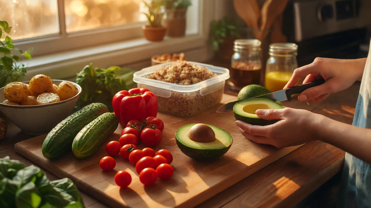 Fresh vegetables and avocado being sliced for meal assembly