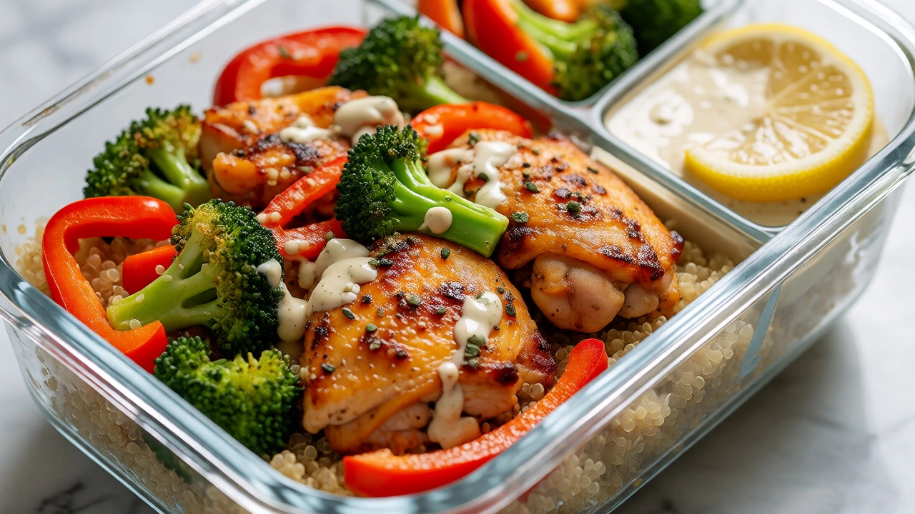 Glass container with quinoa, chicken, broccoli, and tahini sauce for meal prep.