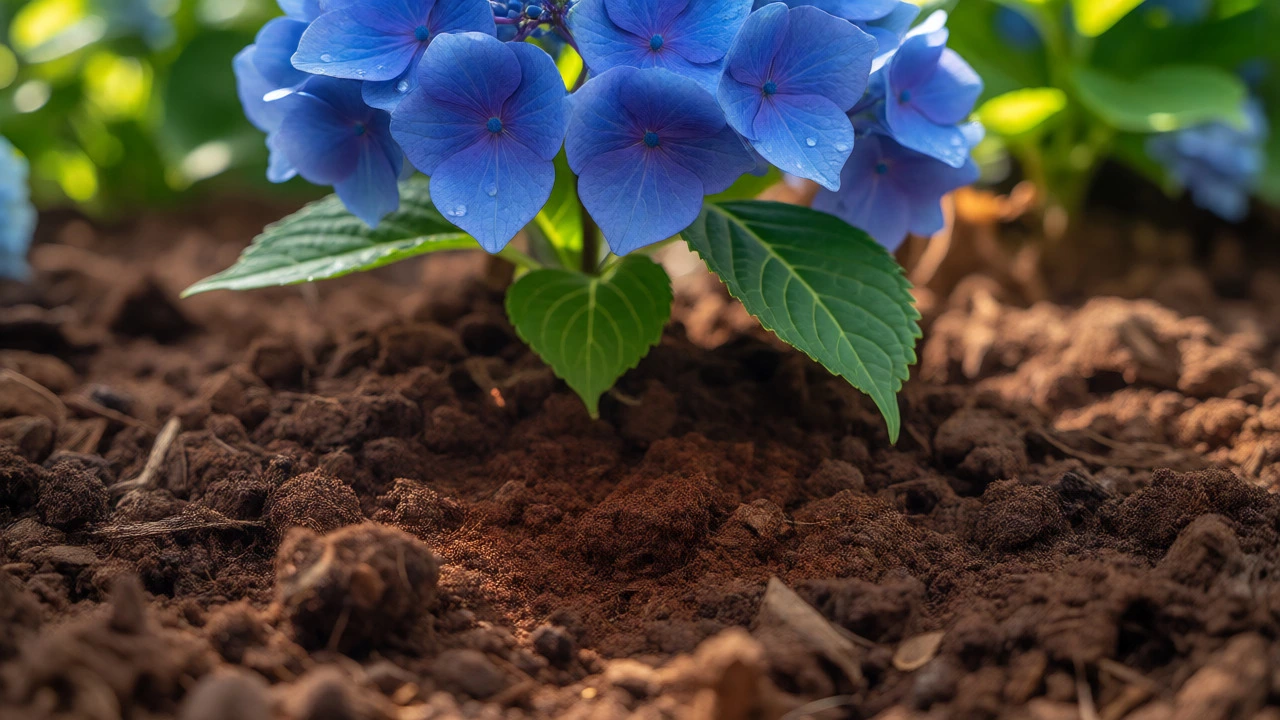 Healthy blue hydrangeas growing in loose soil with scattered dry coffee grounds on top.