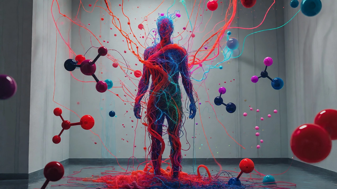 Human silhouette formed by synthetic threads and glowing toxins