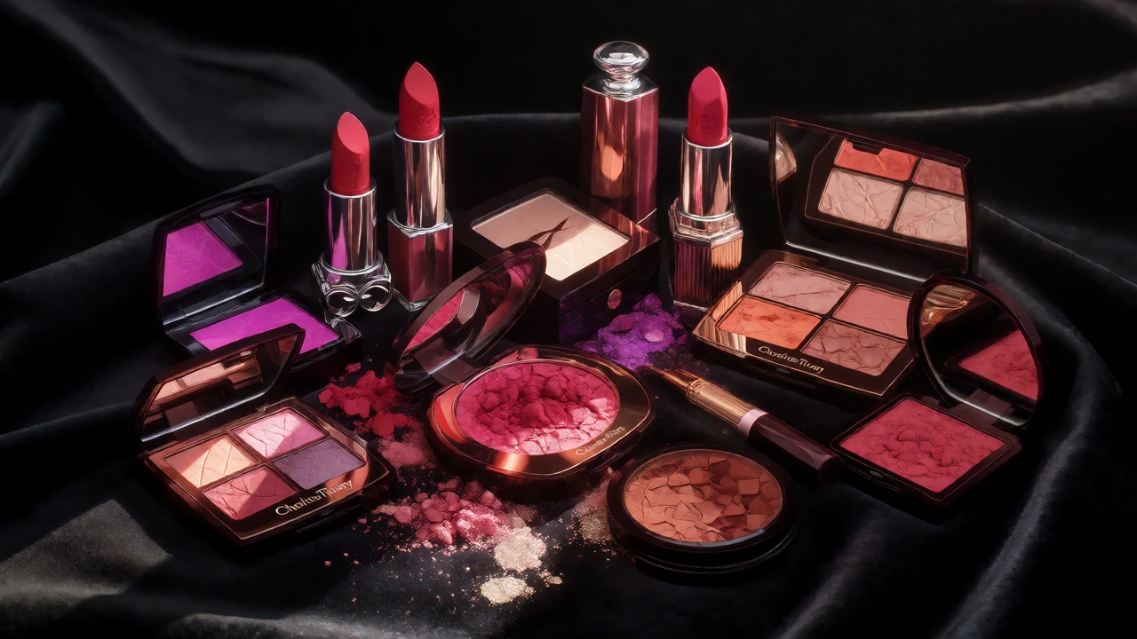 Luxury makeup products and pigments on dark velvet