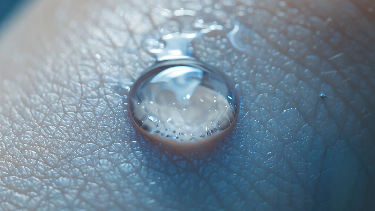 Macro shot of serum droplet absorbing into hydrated skin