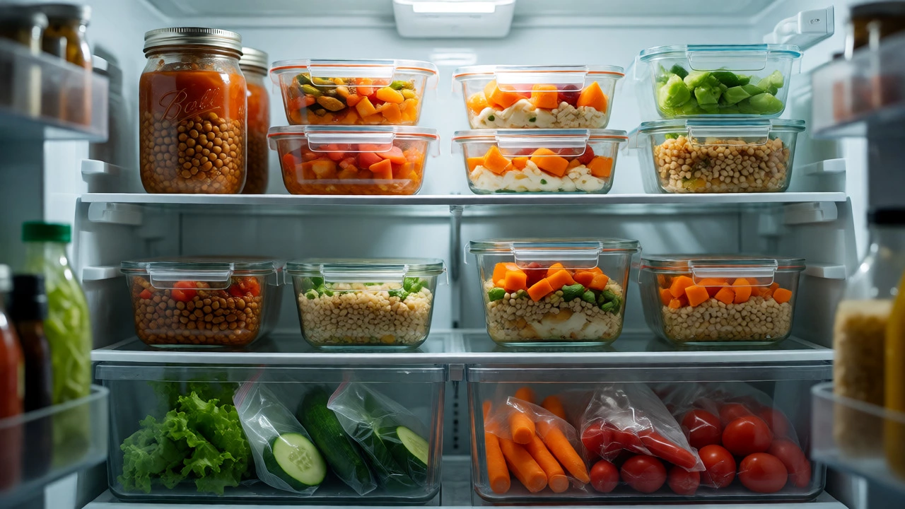 Neatly organized refrigerator shelves filled with glass meal prep containers and fresh produce.