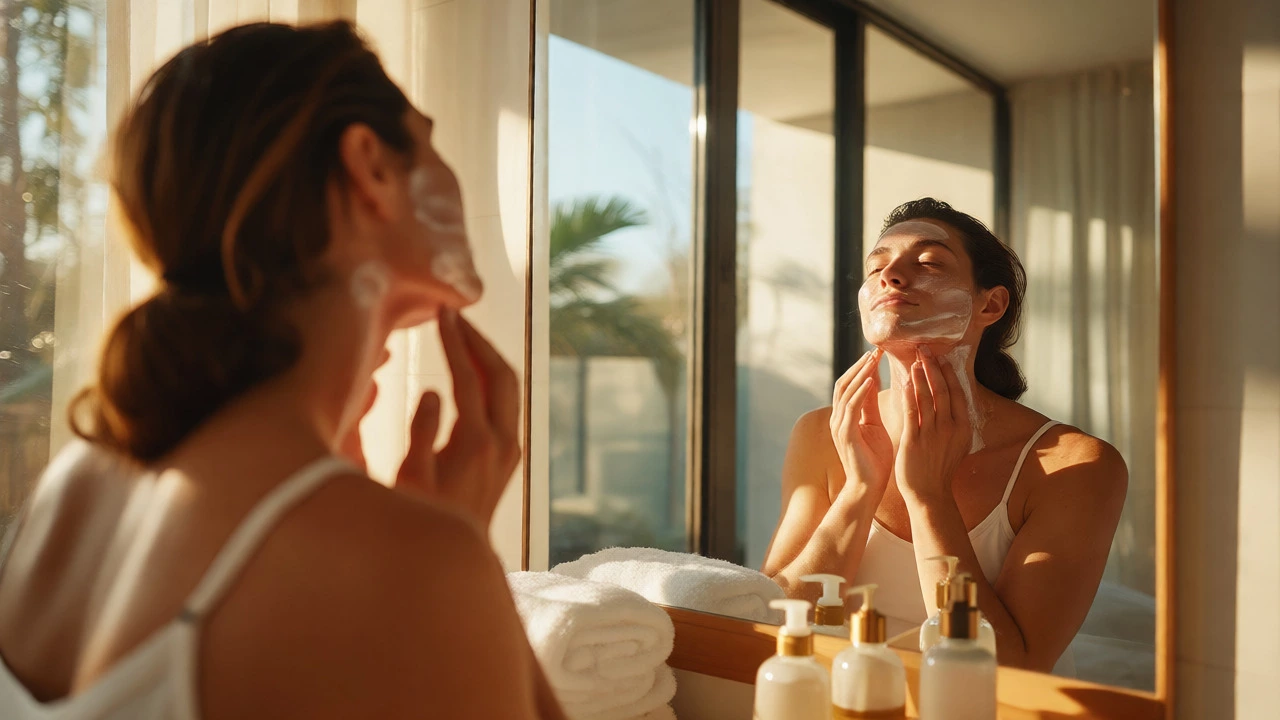 Person applying sunscreen to face and neck by sunny window