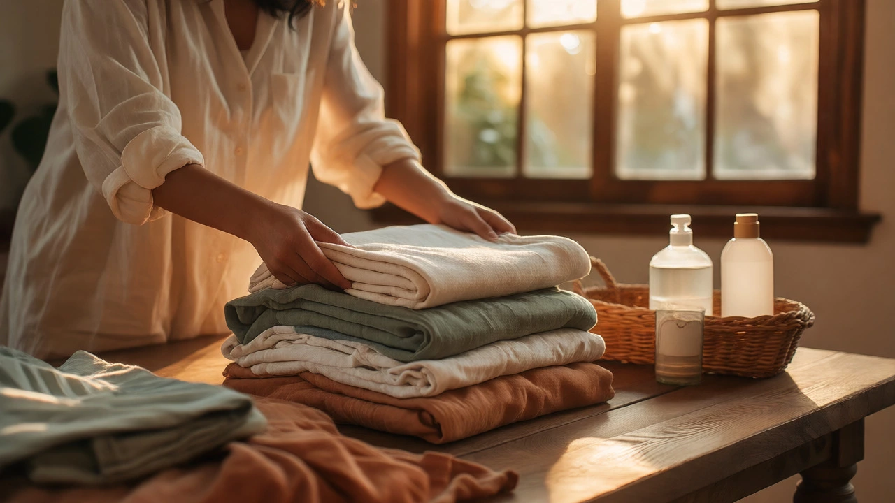 Person folding natural fiber clothes in warm sunlight