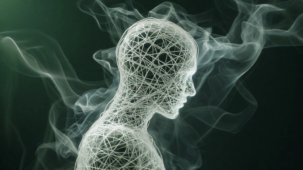 Silhouette formed by clean white fibers with dissipating grey chemical smoke.