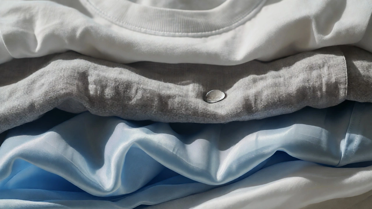 Stacked layers of organic cotton, linen, and Tencel fabrics showing texture.