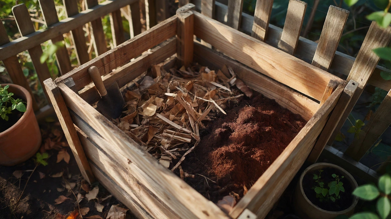 Wooden compost bin filled with dried leaves and fresh coffee grounds being mixed together.